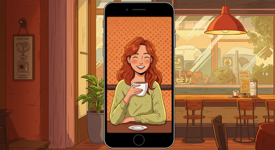 ポップなキャラクターイラストが表示されたスマホ画面、背景はカフェ、20代女性がカップを持ちながら微笑む