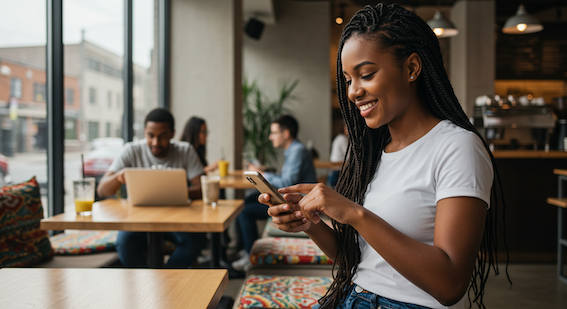 若い黒人女性がスマートフォンで検索を行い、微笑んでいる。背景はモダンな都会のカフェで、自然光が差し込んでいる。